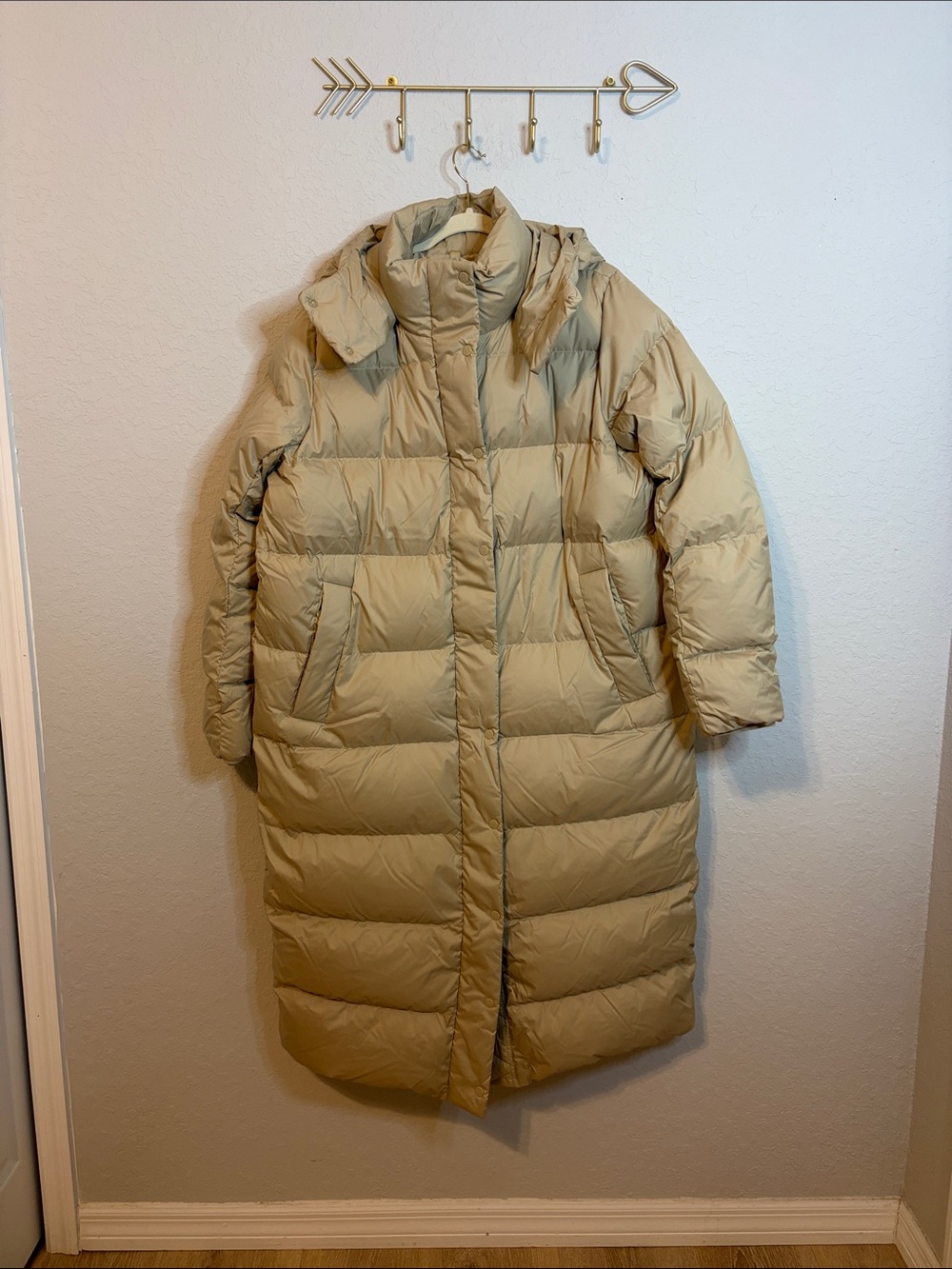 Lululemon Long Down Puffer Coat Women’s Size 14 Beige Hooded Winter Jacket